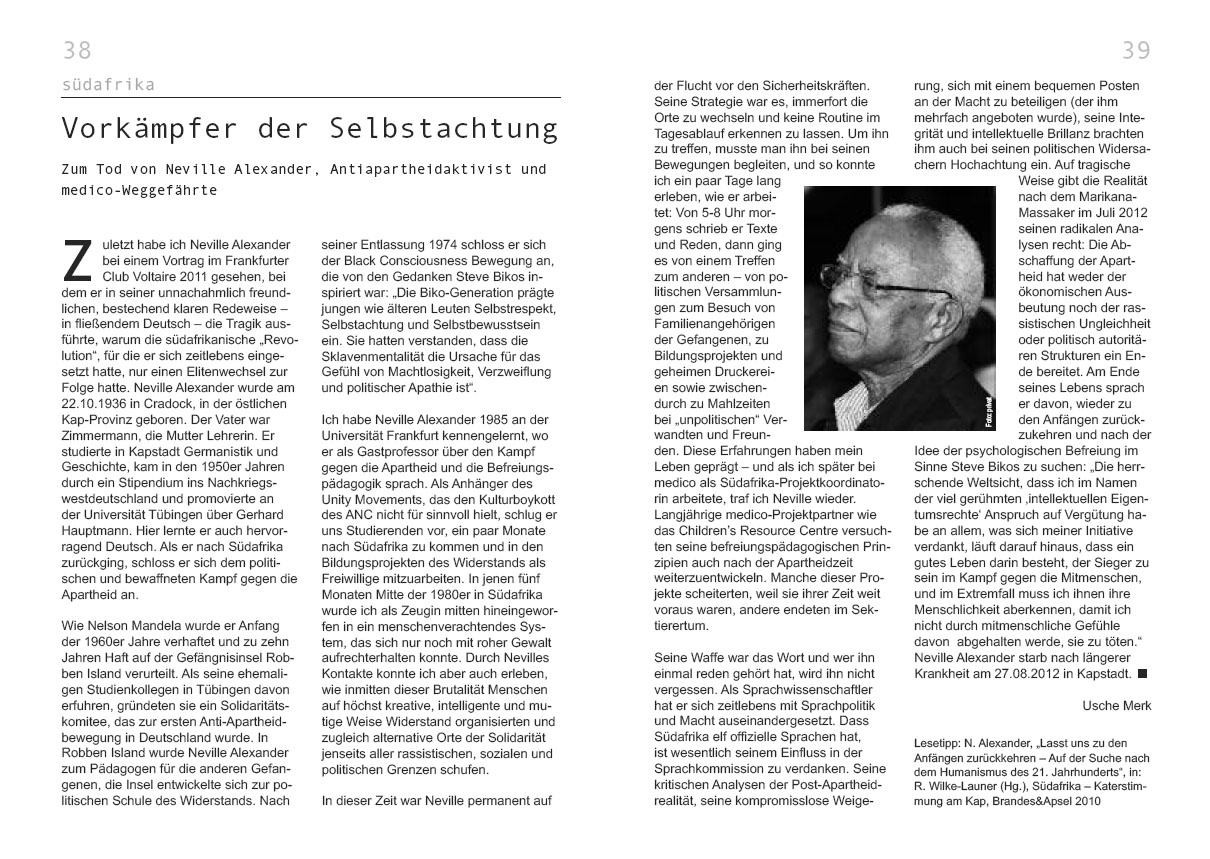 Zum Tod Von Neville Alexander Antiapartheidaktivist Und Medico Weggefahrte Medico International