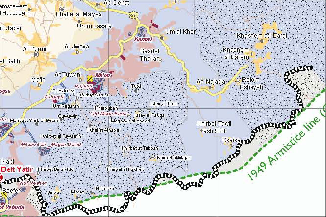 Das palästinensische Dorf Tuba behindert die Ausdehnung der israelischen Siedlungen Ma`on und Karmel im Westjordanland. (Karte: UN-OCHA)