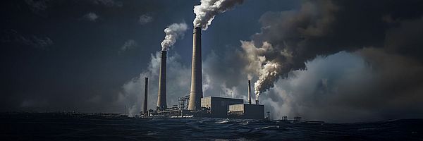 KI-Titelbild: rauchende Schlote über einer spiegelnden Wasserfläche