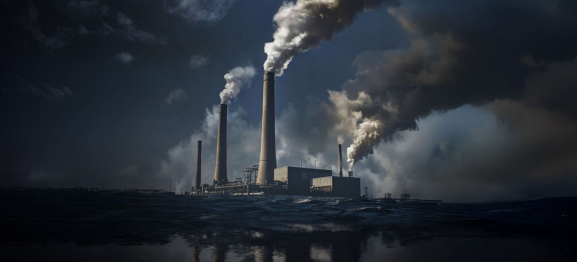 KI-Titelbild: rauchende Schlote über einer spiegelnden Wasserfläche