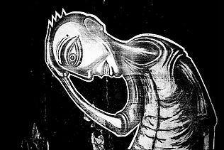 Stencil einer Figur, die sich vornübergebeugt an den Kopf fasst.