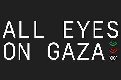 Schriftzug "All Eyes On Gaza" und drei Augen in grün, rot, weiß